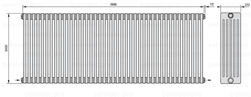 Схема (чертеж) Радиатор Zehnder Charleston 6300/41 №2670 Белый глянцевый RAL 9016